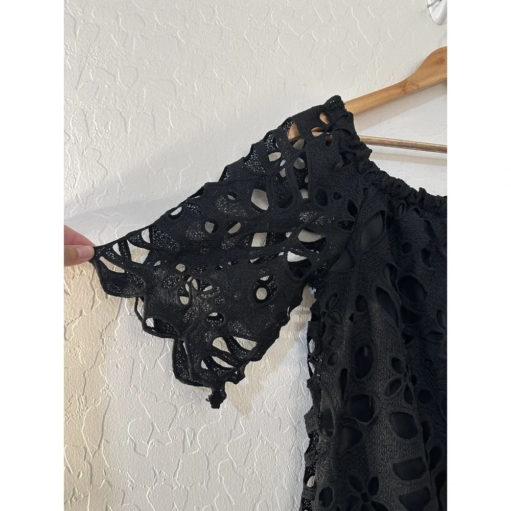 Womans Black‎ Eyelet Lace Overlay Mini Dress M Fairy Grunge Whimsigoth Witchy